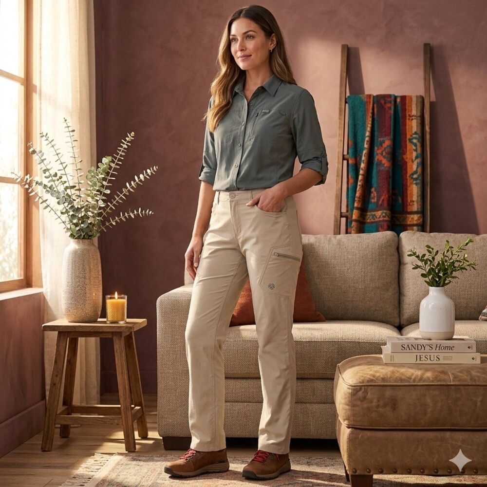 Eddie Bauer First Accent Pants Womens 12 Tan Straight Leg Cargo Quick Dry